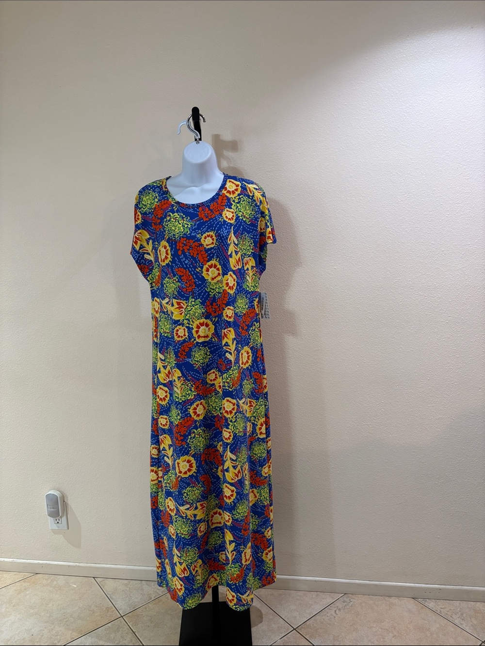 LuLaRoe Maria Blue Maxi Dress with Yellow & Red Floral Print
